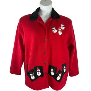 Baxter Wells Vintage Christmas Snowman Red Black Fleece Jacket Size P M SKU0793